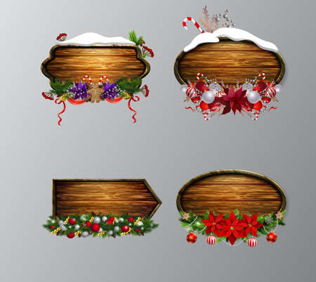 Vector realistic illustration of wooden christmas board set with christmas tree and decorationsのイラスト素材