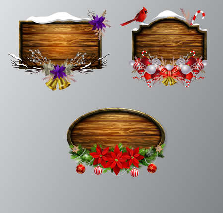 Vector realistic illustration of wooden christmas board set with christmas tree Cardinal bird and decorationsのイラスト素材