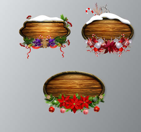Vector realistic illustration of wooden christmas board set with christmas tree and decorationsのイラスト素材