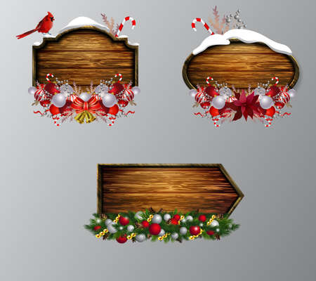 Vector realistic illustration of wooden christmas board set with christmas tree Cardinal bird and decorationsのイラスト素材