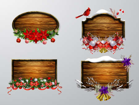 Vector realistic illustration of wooden christmas board set with christmas tree Cardinal bird and decorationsのイラスト素材