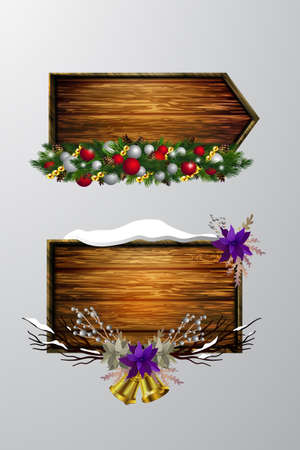 Vector realistic illustration of wooden christmas board set with christmas tree and decorationsのイラスト素材