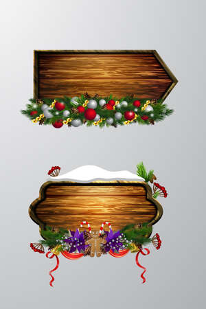 Vector realistic illustration of wooden christmas board set with christmas tree and decorationsのイラスト素材