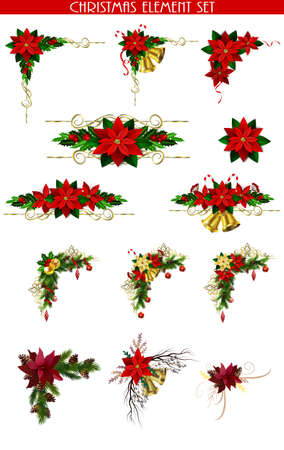 Christmas decoration set with evergreen treess pine cones and poinsettia isolated vectorのイラスト素材