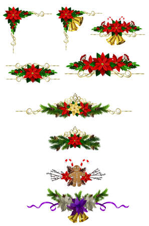 Christmas decoration set with evergreen treess pine cones and poinsettia isolated vectorのイラスト素材