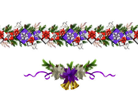 Christmas decoration collection with evergreen treess holly Vector seamlessのイラスト素材