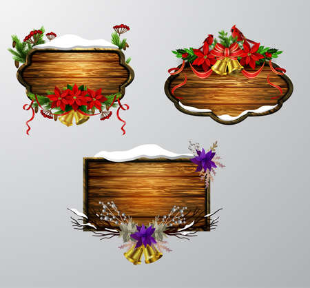 Vector realistic illustration of wooden christmas board set with christmas tree and decorationsのイラスト素材