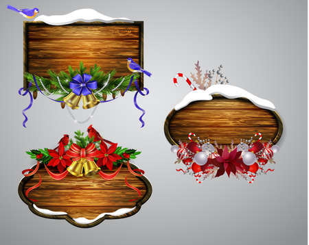 Vector realistic illustration of wooden christmas board set with christmas tree Cardinal bird and decorationsのイラスト素材