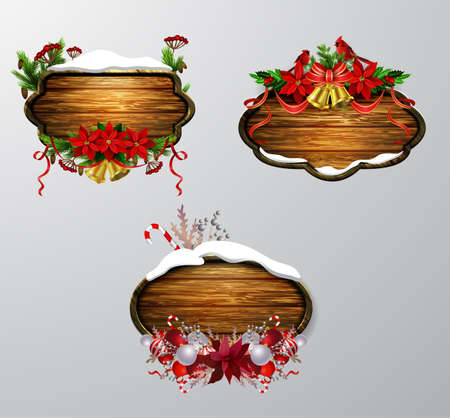 Vector realistic illustration of wooden christmas board set with christmas tree and decorationsのイラスト素材