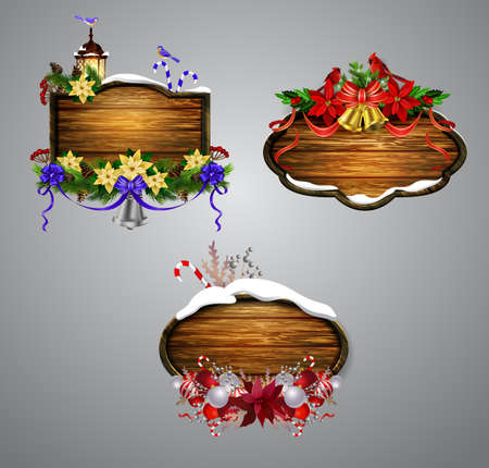 Vector realistic illustration of wooden christmas board set with christmas tree Cardinal bird and decorationsのイラスト素材