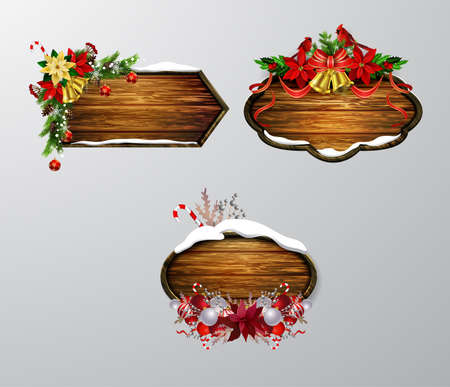 Vector realistic illustration of wooden christmas board set with christmas tree Cardinal bird and decorationsのイラスト素材