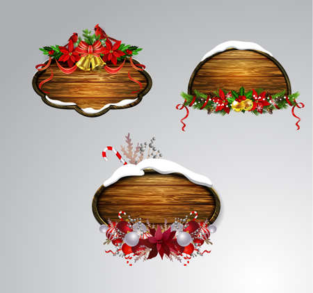 Vector realistic illustration of wooden christmas board set with christmas tree Cardinal bird and decorationsのイラスト素材