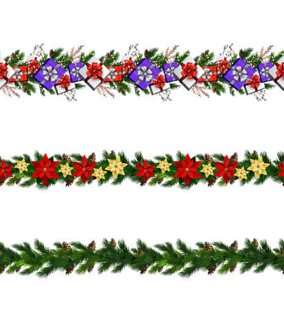 Christmas decoration collection with evergreen treess holly Vector seamlessのイラスト素材