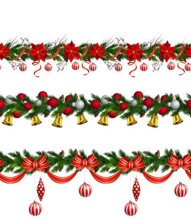 Christmas decoration collection with evergreen treess holly Vector seamlessのイラスト素材