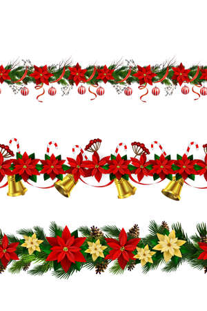 Christmas decoration collection with evergreen treess holly Vector seamlessのイラスト素材