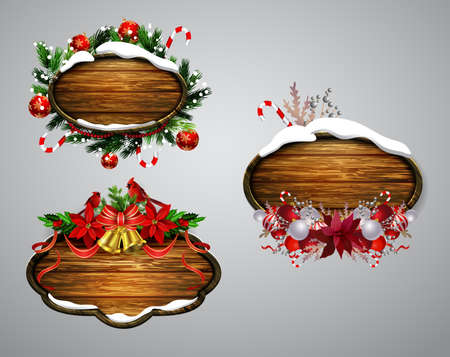 Vector realistic illustration of wooden christmas board set with christmas tree Cardinal bird and decorationsのイラスト素材