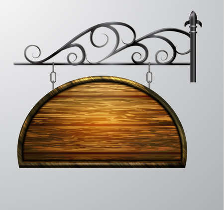 hanging, wooden Board with beautiful forging vector, wooden object for text.のイラスト素材