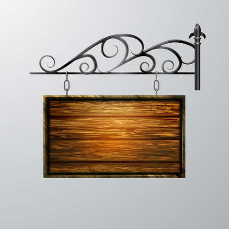 hanging, wooden Board with beautiful forging vector, wooden object for text.のイラスト素材