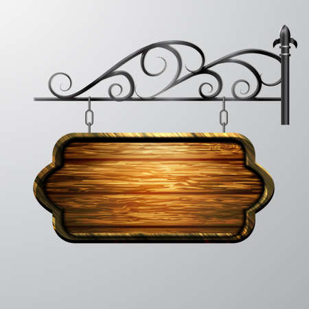 hanging, wooden Board with beautiful forging vector, wooden object for text.のイラスト素材