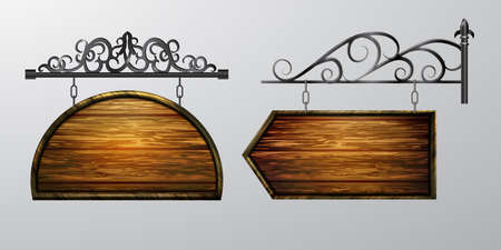 hanging, wooden Board set with beautiful forging vector, wooden object for text.のイラスト素材
