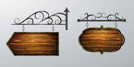 hanging, wooden Board set with beautiful forging vector, wooden object for text.のイラスト素材