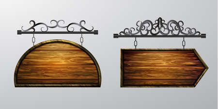 hanging, wooden Board set with beautiful forging vector, wooden object for text.のイラスト素材