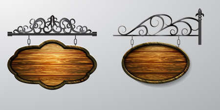 hanging, wooden Board set with beautiful forging vector, wooden object for text.のイラスト素材