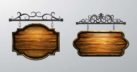 hanging, wooden Board set with beautiful forging vector, wooden object for text.のイラスト素材