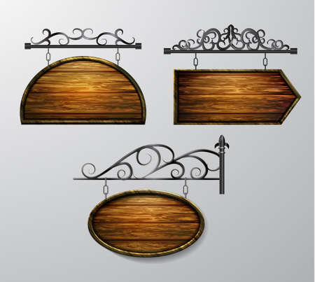 hanging, wooden Board set with beautiful forging vector, wooden object for text.のイラスト素材