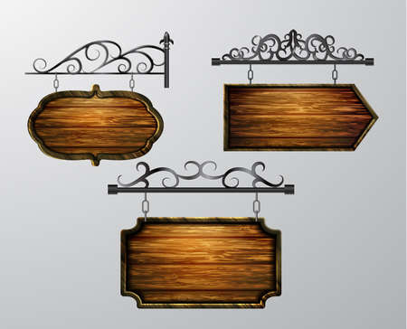 hanging, wooden Board set with beautiful forging vector, wooden object for text.のイラスト素材
