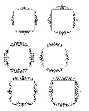 Vintage vector swirl square frame set black on whiteのイラスト素材
