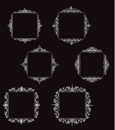 Vintage vector swirl square frame set black on whiteのイラスト素材