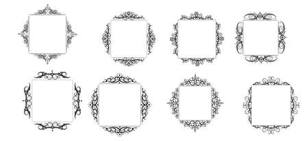 Vintage vector swirl square frame set black on whiteのイラスト素材