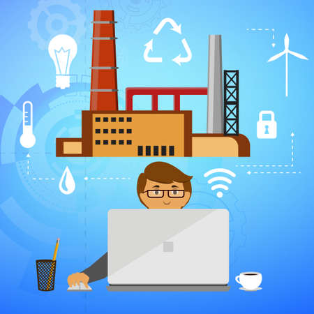 Eco friendly factory on a digital lap top with icons set on architecture and environmental care energy smart corporationのイラスト素材