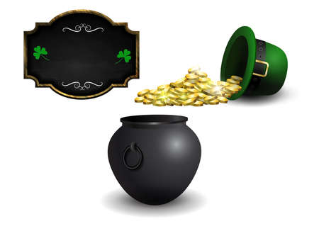 Green St. Patrick s Day leprechaun hat cauldron set isolated. Vector illustrationのイラスト素材