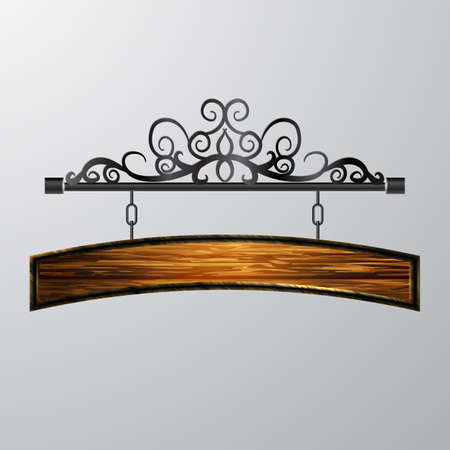 hanging, wooden Board set with beautiful forging vector, wooden object for text.のイラスト素材