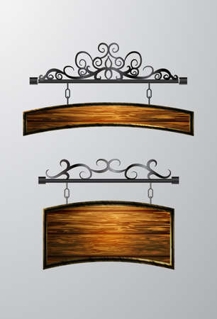hanging, wooden Board set with beautiful forging vector, wooden object for text.のイラスト素材