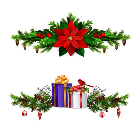 Christmas decorations set with fir tree golden jingle bells and decorative elements. Vector illustrationのイラスト素材