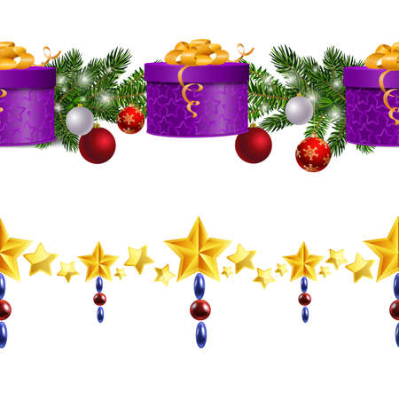 Christmas decorations with fir tree and decorations seamless borderのイラスト素材