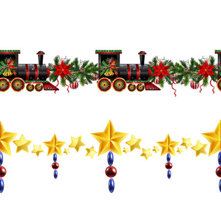 Little Christmas train seamless pattern decorated red ribbon Vectorのイラスト素材