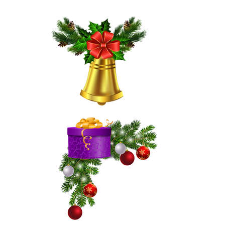 Christmas decorations with fir tree golden jingle bellsのイラスト素材