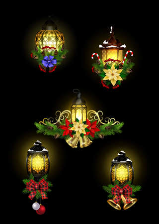 Christmas decoration with street light cpllectionのイラスト素材