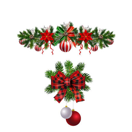 Christmas decorations set with fir tree golden jingle bells and decorative elements. Vector illustrationのイラスト素材