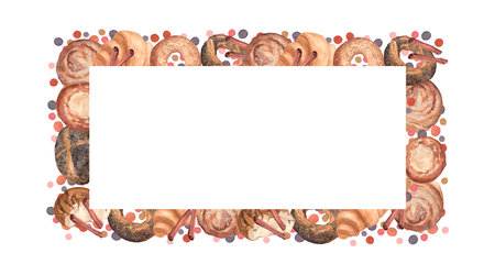 Watercolor frame of different buns, cinnamon sticks and watercolor spotsの写真素材