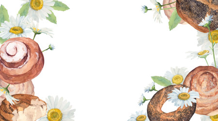 Watercolor frame template of different buns and daisiesの写真素材