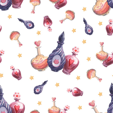 Watercolor seamless pattern with magic potionsの写真素材