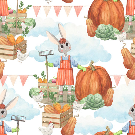 Watercolor pattern with a colic holding a rakeの写真素材