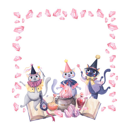 Cats with a magic wand, book, cauldron, potions and crystalsの写真素材