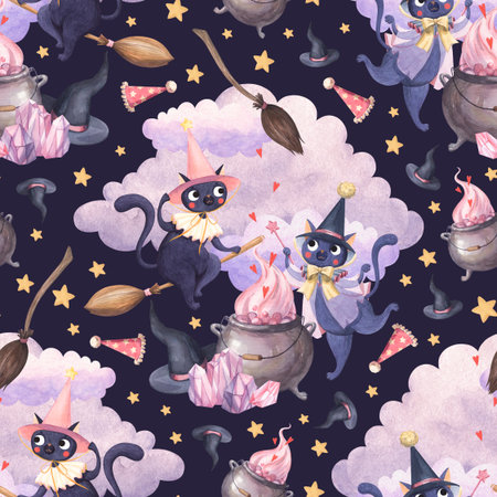 Pattern with magical cats painted in watercolor.の写真素材