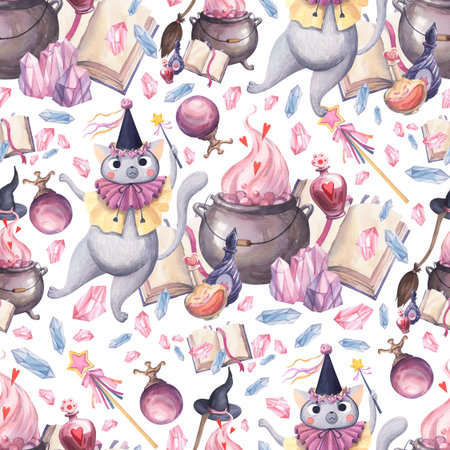 Watercolor pattern with a gray cat with a magic wandの写真素材